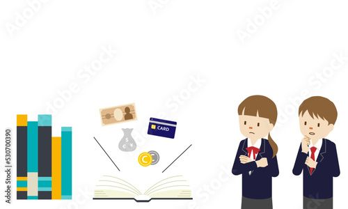 金融リテラシーのコンセプトイラスト・お金の知識を学ぶ男女（白背景・ベクター・切り抜き）