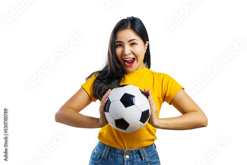 Pretty asian women soccer fans celebrating over white background isolated. © makibestphoto