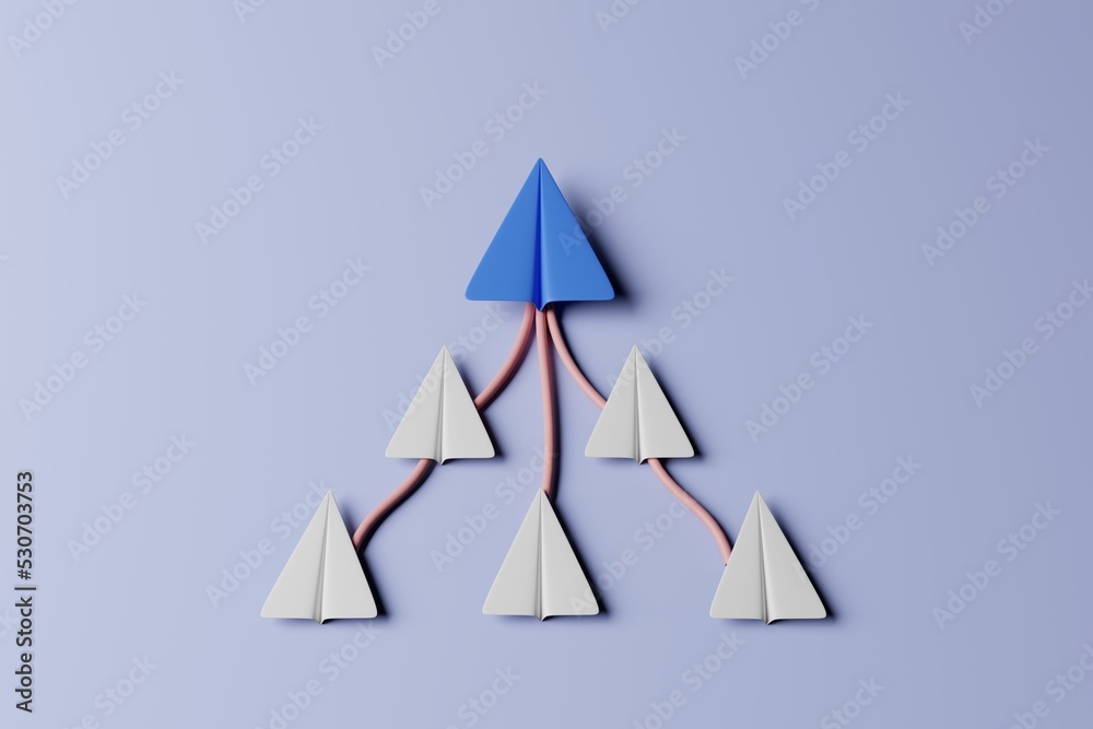 3D rendering blue and white paper plane with following line path. Leadership concept 3D rendering blue and white paper plane with following line path. Leadership concept