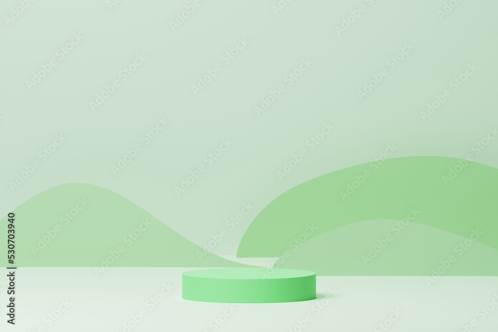 Fototapeta premium Green cylinder podium or stand on background. Cosmetic product display showcase promotion. 3d rendering