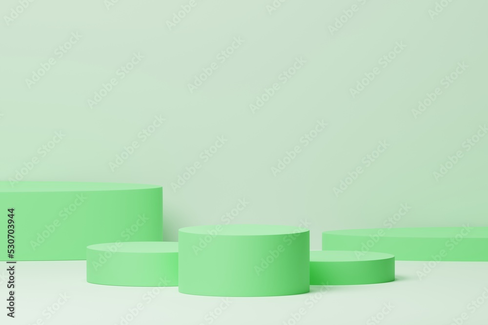 Green cylinder podium or stand on background. Cosmetic product display showcase promotion. 3d rendering Green cylinder podium or stand on background. Cosmetic product display showcase promotion. 3d rendering