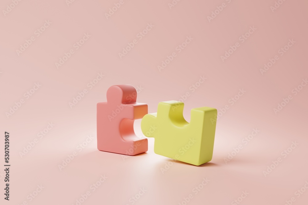 Colored puzzle jigsaw cube model on pink background. Teamwork, Business group symbol concept. 3d rendering Colored puzzle jigsaw cube model on pink background. Teamwork, Business group symbol concept. 3d rendering