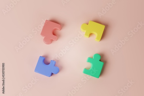 Colored puzzle jigsaw cube model on pink background. Teamwork, Business group symbol concept. 3d rendering