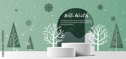 Winter sale product banner, 
podium platform with geometric shapes and snowflakes background, paper illustration, and 3d paper.