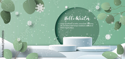 Winter sale product banner, 
podium platform with geometric shapes and snowflakes background, paper illustration, and 3d paper.