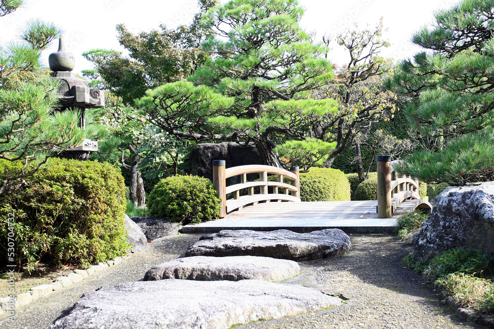 A wooden bridge in the Japanese tea garden