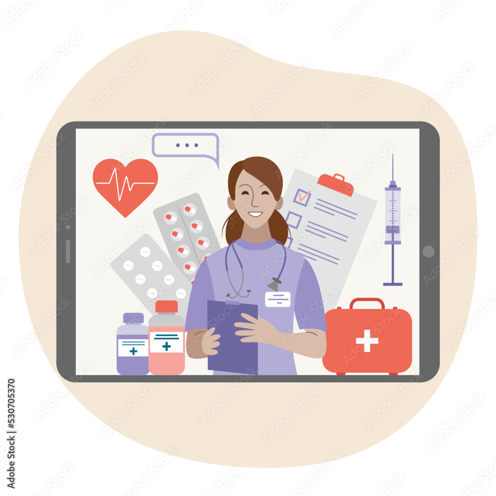 Online doctor's consultation. Doctor is in your tablet. Medical services, telemedicine. Vector.