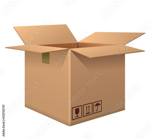 Cardboard brown box. Open package with order or container for delivery and shipping. Design element for delivery or mail service. Realistic isometric vector illustration isolated on white background