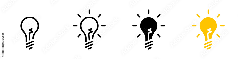 Conjunto de iconos de bombilla de luz. Concepto de iluminación. Foco de luz. Ilustración vectorial de diferentes estilos