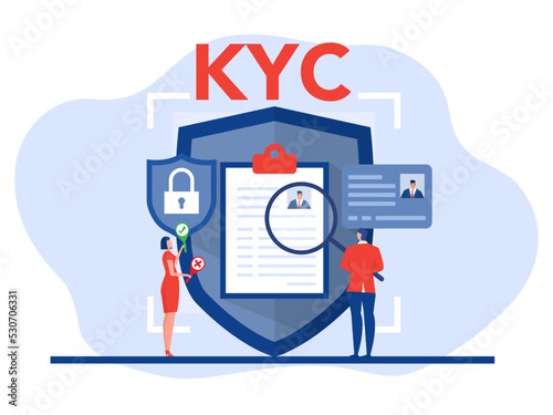 KYC or know your customer with business verifying the identity of its clients concept at the partners-to-be through a magnifying glass Idea of business identification and finance safety. 