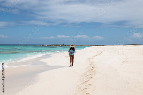 Fototapeta Naklejka Na Ścianę i Meble -  Cayo de Agua (Los Roques Archipelago), Venezuela, 07.30.2022: young woman walking on the white beach in the caribbean sea.