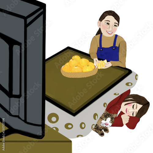 こたつに入っているふたりの女性と猫