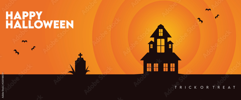 Halloween banner, with silhouettes of haunted house and Bats. orange background