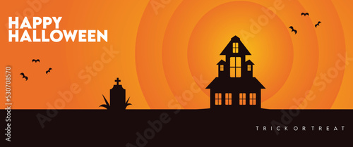 Halloween banner, with silhouettes of haunted house and Bats. orange background