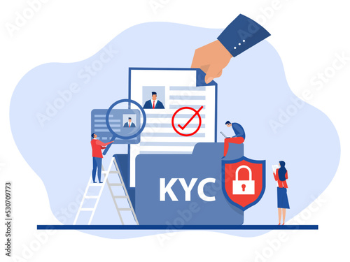 KYC or know your customer with business verifying the identity of its clients concept at the partners-to-be through a magnifying glass Idea of business identification and finance safety.