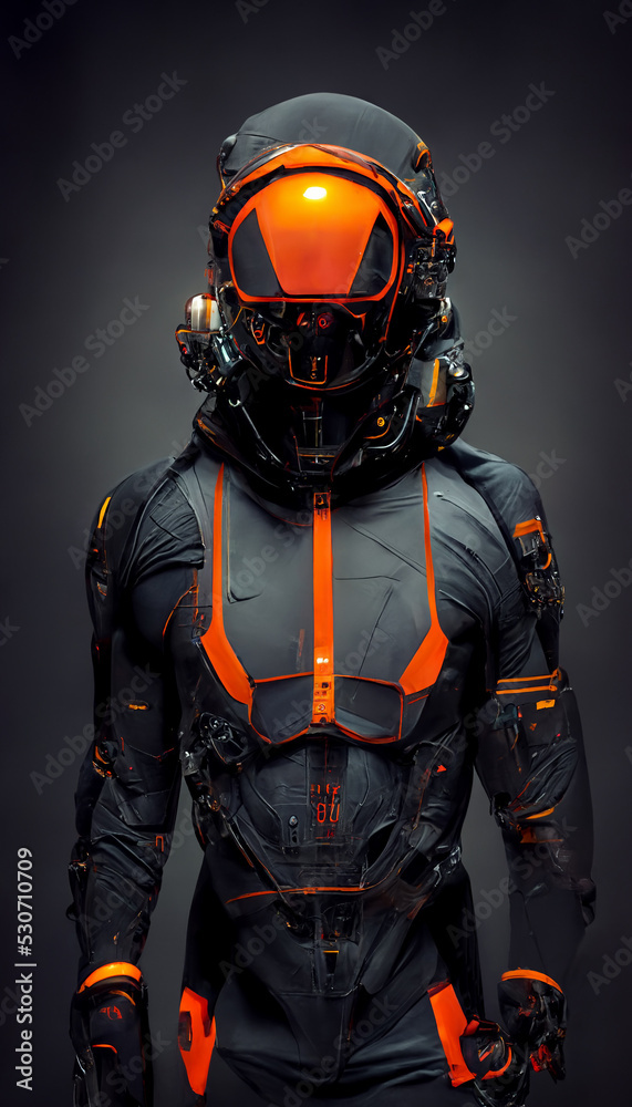 Futuristic Sci-Fi armor concept with innovative technology for police or military forces on a male body, hyper resolution, photo realistic 3D illustration, 9:16