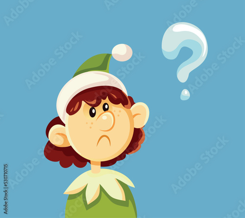 Christmas Elf Asking Questions Vector Cartoon Illustration. Helper of Santa Claus feeling unhappy and introspective
