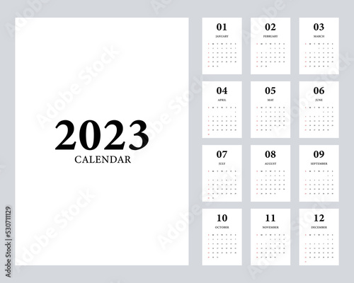 2023 printable monthly calendar template design, week starts on Sunday minimal style