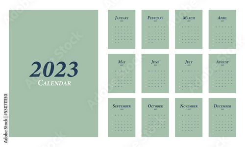 2023 printable monthly calendar template design, week starts on Sunday minimal style