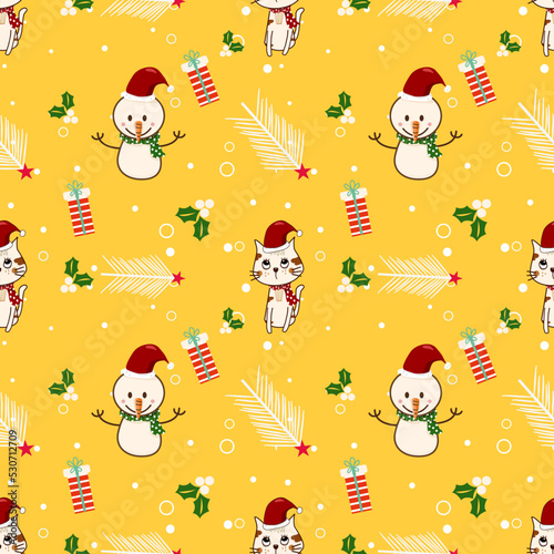 Christmas vector seamless pattern.cute cartoon seamless pattern of snowman,cat,tree,gift,berries on yellow flower.design for texture,fabric,clothing,wrapping paper,Christmas card,decoration,print.