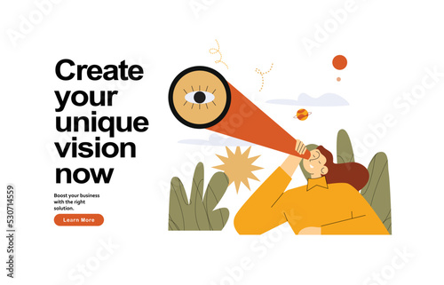 Explore career opportunities. Woman looking trough spyglass, search for job or inspiration. Curiosity and exploration flat vector illustration. We are hiring concept