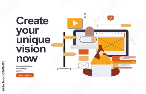 Web page design template for designing and programming vector illustration. Woman working on mobile application, coding and prototyping web page. Web landing page design	