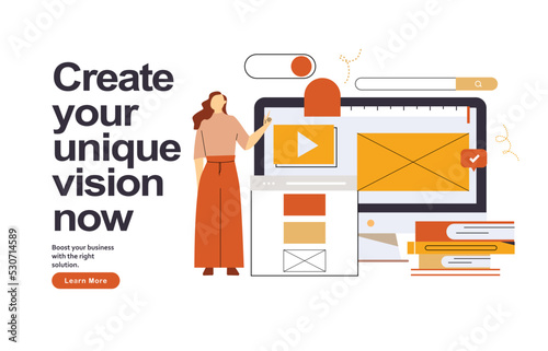 Web page design template for designing and programming vector illustration. Woman working on mobile application, coding and prototyping web page. Web landing page design	