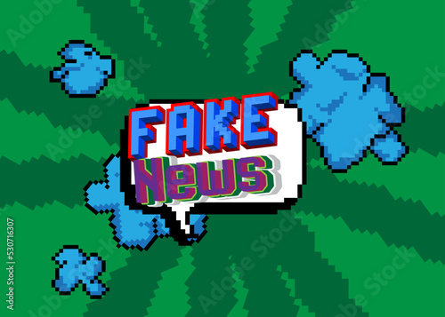Fake News. Pixelated word with geometric graphic background. Vector cartoon illustration.