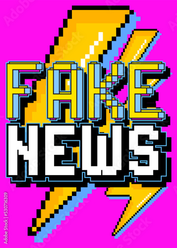 Fake News. Pixelated word with geometric graphic background. Vector cartoon illustration.