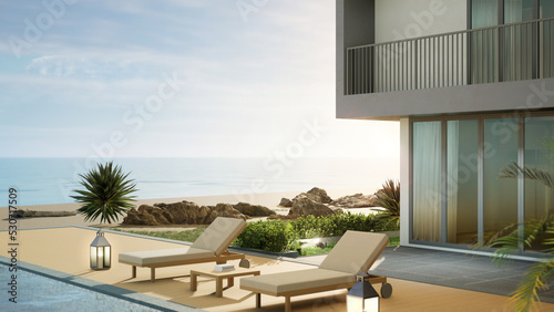 Luxury beach house with sea view swimming pool and terrace in modern design. Lounge chairs on wooden floor deck at vacation home or hotel. 3d illustration of contemporary holiday villa exterior. © terng99