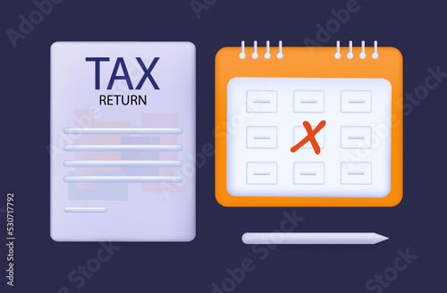 Calendar with tax return 3d. Deadline, time to complete the final annual report, financial document. Savings, profit, income. Timely completion of information. Vector banner, accounting audit concept.