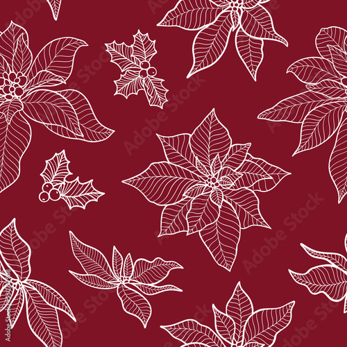 Christmas Poinsettia Holly Floral Line Art Seamless Vector Pattern