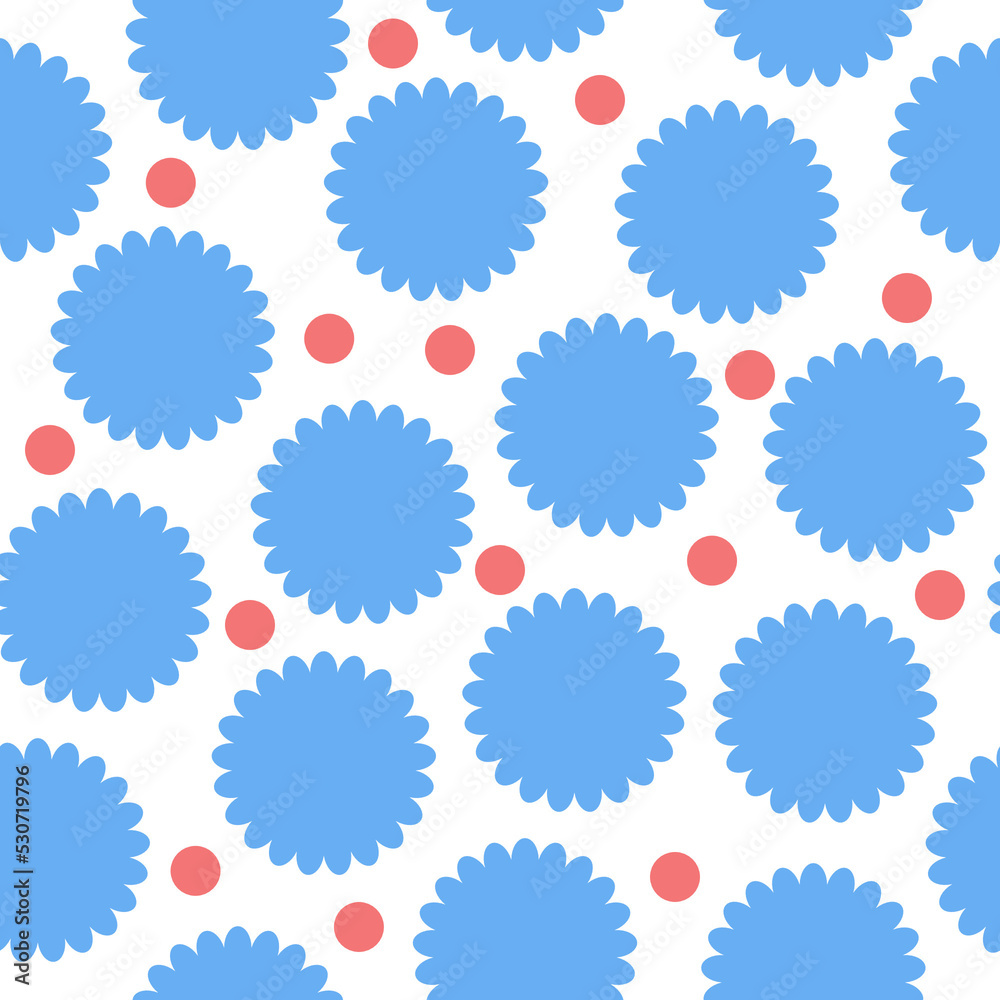 Seamless pattern of red balloons and blue daisies on a white background for textile. Geometric two-tone pattern. Seamless pattern of red balloons and blue daisies on a white background for textile. Geometric two-tone pattern.