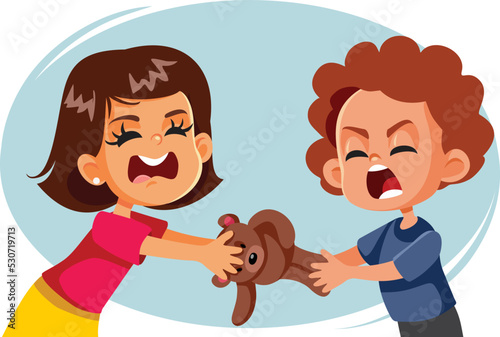 Children Arguing over Teddy Bear Toy Vector Cartoon Illustration. Brother and sister learning about sharing and solving their conflict
 photo