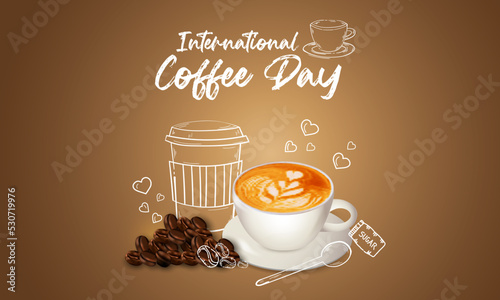 international day of coffee background with hand drawn and realistic llustration