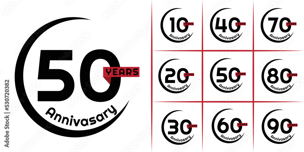 10th - 90th Set of Anniversary vector design with multiple line number black and red color for celebration event, invitation, greeting, web template, leaflet and booklet 10th - 90th Set of Anniversary vector design with multiple line number black and red color for celebration event, invitation, greeting, web template, leaflet and booklet