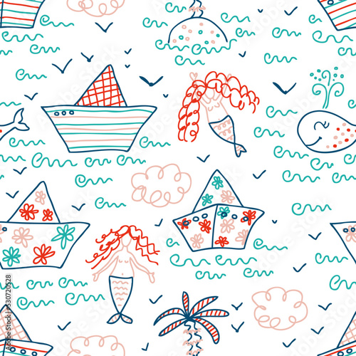 Doodle seamless pattern with boats, palm island, whale and mermaids. Perfect print for tee, paper, fabric, textile. Hand drawn vector illustration for decor and design.