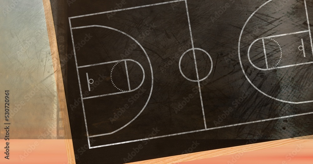 Fototapeta premium Composition of black and white basketball court overhead view over textured grey and pink background