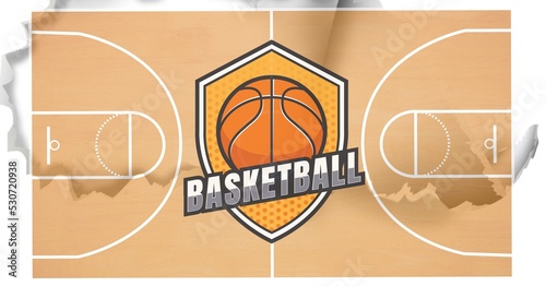 Composition of basketball sign with basketball over basketball court and distressed white background