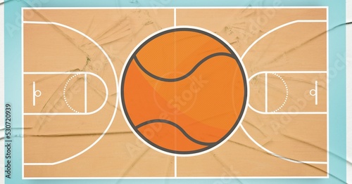 Composition of orange basketball over basketball court distressed background