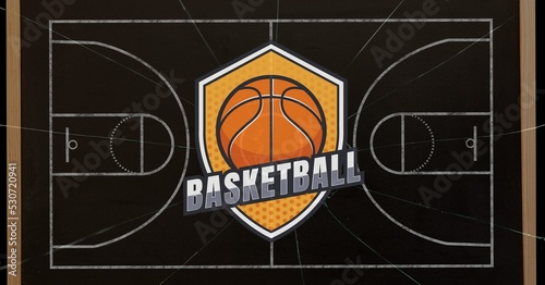 Composition of basketball sign with basketball over basketball court distressed background