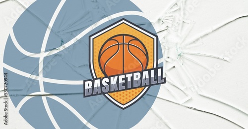 Composition of basketball sign with basketball and distressed white background