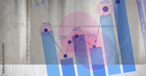 Composition of blue bar and line graph charts with percentages in pink circles over concrete wall
