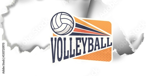 Composition of volleyball orange sign with ball on ripped white background