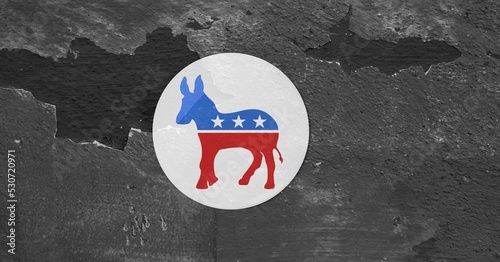 Composition of us democrat party donkey design in red and blue with stars on concrete texture