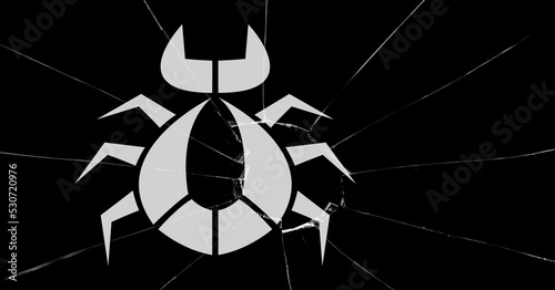 Composition of white beetle logo design on broken glass and black