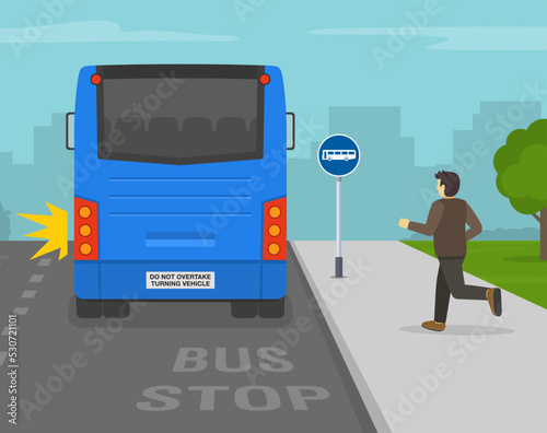 Young male character is running after city bus. Back view of a passenger at bus stop. Flat vector illustration template.