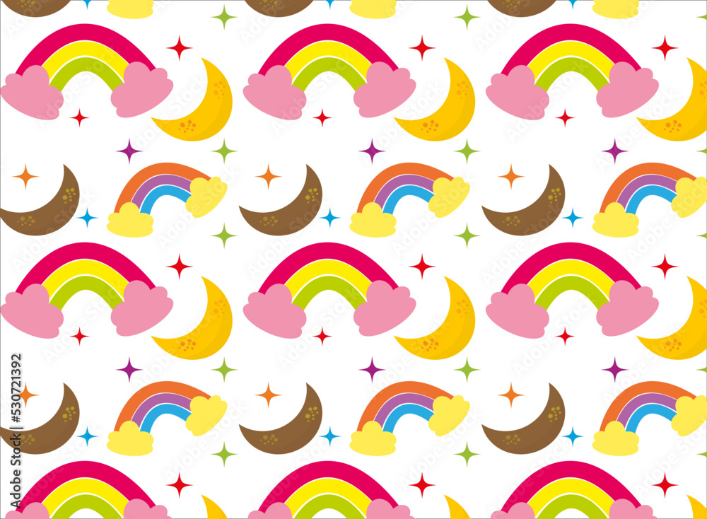 seemless pattern about nature and sky, beautiful rainbow, moon and stars. cute backgrounds for kids
