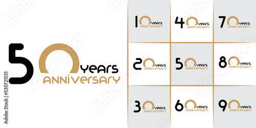 set of 10th-90th anniversary celebration emblem. black and brown colour design .white anniversary logo .vector illustration template design for web, poster, flyers, greeting card and invitation card