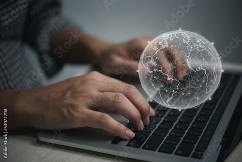 Digital technology connection network global web and social media online internet search information business computer laptop concept.